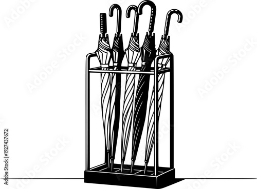 Classic household item storage for rainy weather essentials, featuring multiple folded umbrellas inside a sturdy stand