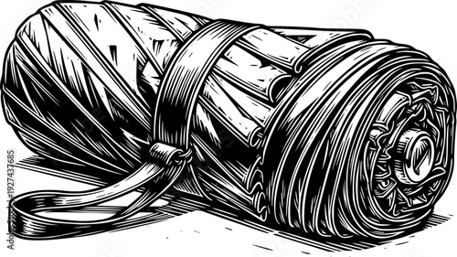 A neatly rolled travel umbrella secured by a strap, rendered in a striking black and white woodcut style