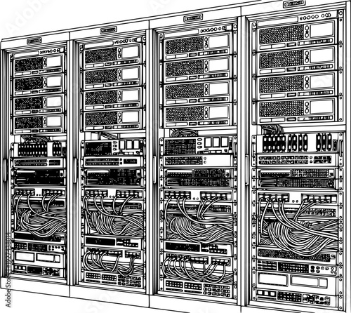 Detailed line drawing of a modern data center server rack with multiple units