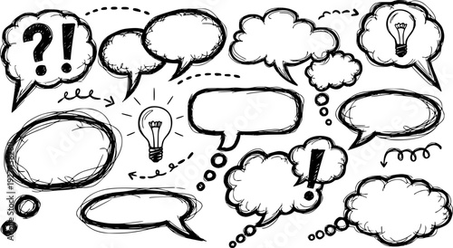 Hand drawn scribble style speech and thought bubbles representing communication and ideas useful for graphic projects 
