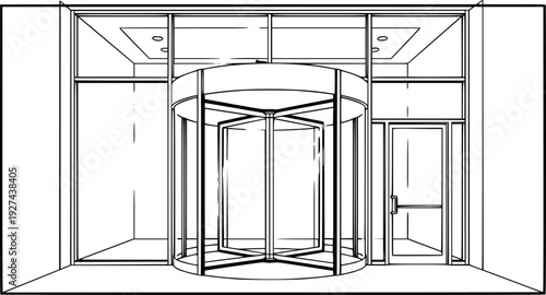 Modern revolving door design for contemporary building entrances, ideal for architectural presentations, security system concepts, and commercial property advertisements.
