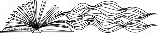 Elegant continuous line drawing of an open book with fanned pages transitioning into a dynamic wavy abstract shape ideal for modern education