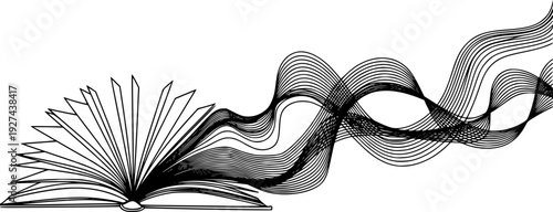 Elegant continuous line drawing of an open book with fanned pages transitioning into a dynamic wavy abstract shape ideal for modern education