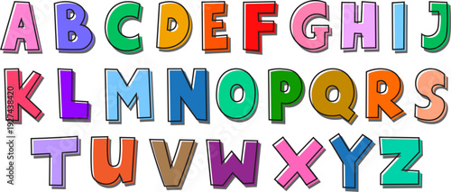 Colorful cartoon alphabet letters vector set, hand drawn comic style uppercase font collection, bold decorative ABC typography design