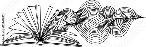 Elegant continuous line drawing of an open book with fanned pages transitioning into a dynamic wavy abstract shape ideal for modern education
