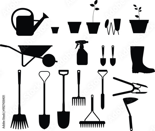 Gardening tools and equipment silhouette vector illustration set with watering can shovel rake wheelbarrow isolated on white background for garden design