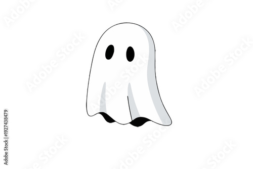 Cute floating white ghost cartoon character with shadow isolated on white background.