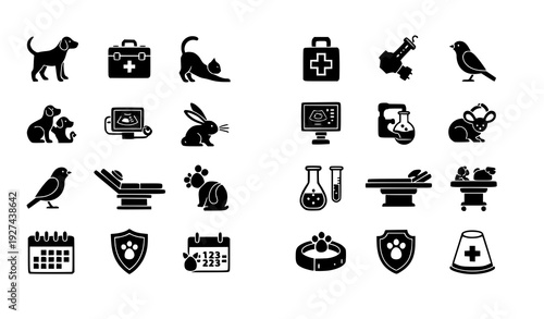 Blue and black veterinary care and animal health icon set for clinic branding