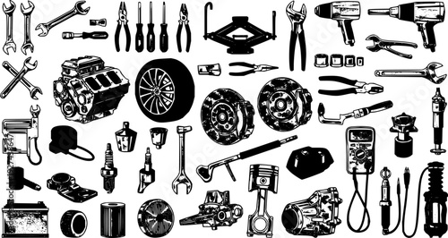 Automotive tools and car parts collection for vehicle maintenance and repair, perfect for mechanics, garages, and auto service advertisements.