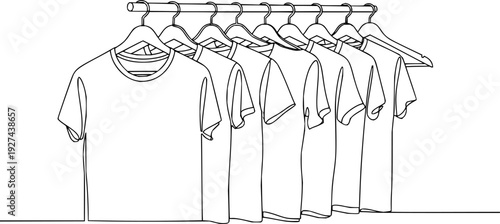 Minimalist continuous line drawing depicting multiple blank tshirts hanging on clothes hangers, ideal for contemporary apparel branding