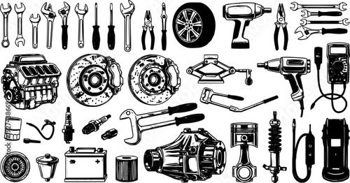 Automotive tools and car parts collection for vehicle maintenance and repair, perfect for mechanics, garages, and auto service advertisements.