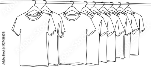 Minimalist continuous line drawing depicting multiple blank tshirts hanging on clothes hangers, ideal for contemporary apparel branding