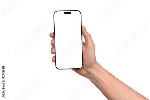 Hand holding smartphone mockup with blank screen isolated on transparent background. Mobile phone with empty display for copy space.