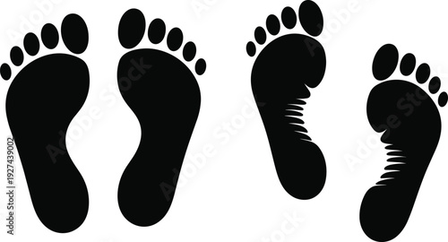 Human footprint silhouette vector set featuring left and right feet walking marks isolated line art black white illustration
