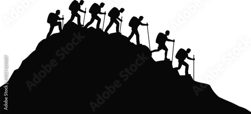 Hikers climbing mountain silhouette vector illustration with backpackers trekking uphill isolated on white background for adventure travel design