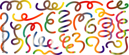 Colorful gradient swirl doodle collection vector, abstract curly rainbow brush strokes set
