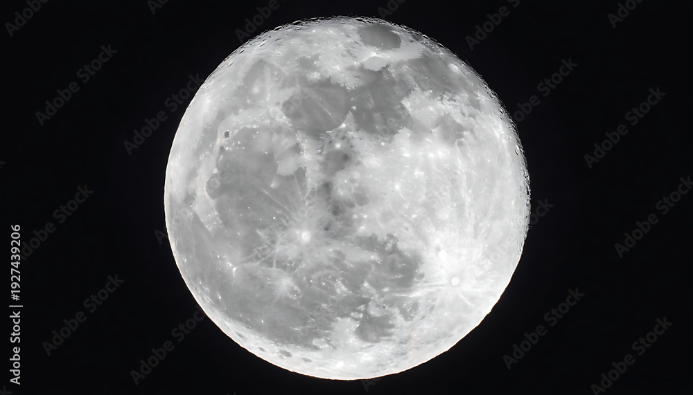 Obraz premium Full moon close up in black night sky with detailed craters and soft glow