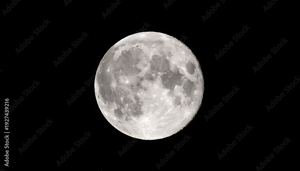 Obraz premium Full moon close up in night sky with detailed craters and soft glow isolated black background