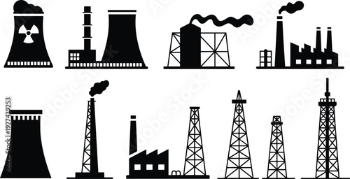 Industrial power plant and oil refinery silhouettes set showing factories smokestacks cooling towers energy infrastructure icons isolated black vector illustration
