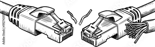 Handdrawn sketch of two separate Ethernet network cables with RJ45 connectors symbolizing a broken internet connection or technical issue