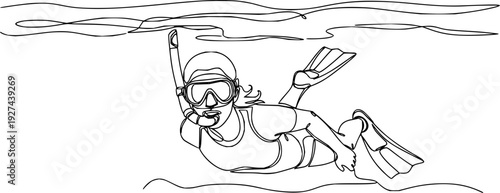 Continuous line drawing of a person snorkeling with mask and fins moving through water, ideal for travel and sports advertisements
