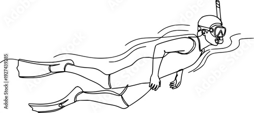 Continuous line drawing of a person snorkeling with mask and fins moving through water, ideal for travel and sports advertisements
