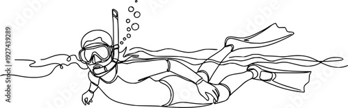 Continuous line drawing of a person snorkeling with mask and fins moving through water, ideal for travel and sports advertisements