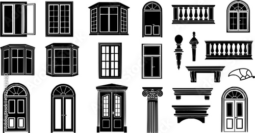 Collection of black silhouette icons depicting different window styles door frames and decorative architectural components perfect for graphic design and engineering plans