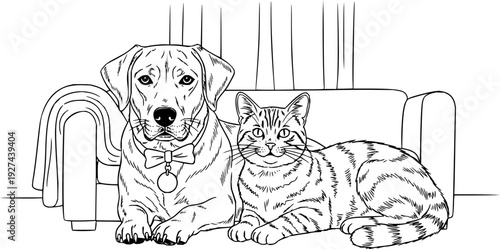 oyful dog and cat relaxing together at home