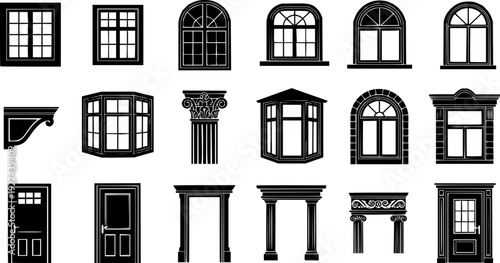 Collection of black silhouette icons depicting different window styles door frames and decorative architectural components perfect for graphic design and engineering plans
