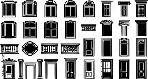 Collection of black silhouette icons depicting different window styles door frames and decorative architectural components perfect for graphic design and engineering plans