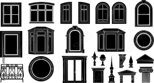 Collection of black silhouette icons depicting different window styles door frames and decorative architectural components perfect for graphic design and engineering plans