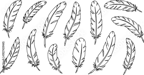 Simple hand drawn feather outline icons for decorative elements and spiritual themes, perfect for craft projects and greeting cards