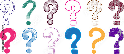 Colorful hand drawn question mark collection vector set, various doodle and sketch style interrogation symbols isolated design