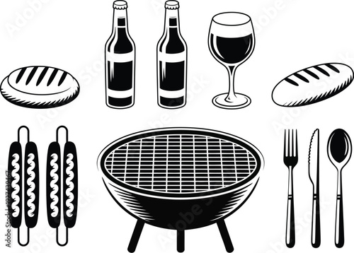 Vintage hand drawn food icon collection with bread loaves, pizza slices, meat cuts and bakery elements in engraving sketch vector style.
