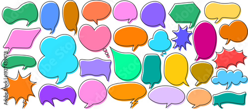 Colorful hand drawn speech bubbles collection flat vector illustration set isolated