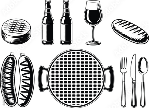 Vintage hand drawn vector illustration set of food icons featuring bread, pizza, meat, and bakery items in detailed sketch style for restaurant design.