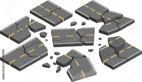 Isometric broken road illustration showing cracked asphalt damaged street pieces earthquake disaster infrastructure destruction vector design concept
