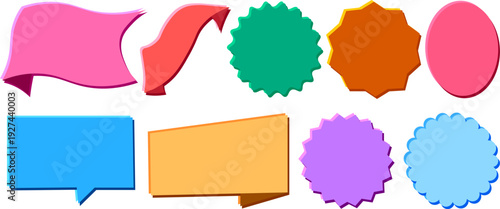 Colorful speech bubble and badge label vector set, cartoon sticker shapes for sale promotion and message design