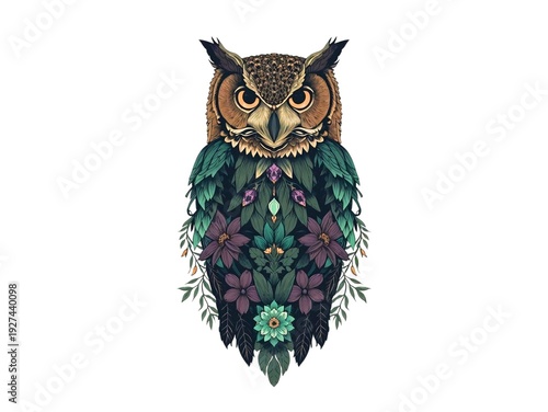 owl on white background with flower