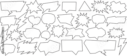Comic speech bubbles and explosion shapes outline set pop art style vector illustration