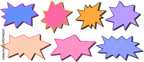 Comic starburst shapes vector set, colorful explosion speech bubble collection, pop art boom bursts, jagged sticker labels