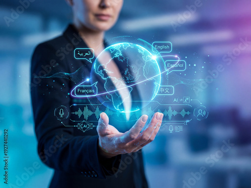Businesswoman interacting with a holographic globe displaying AI language translation and global communication technology for international business.