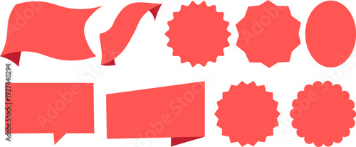 Coral speech bubble and badge label vector set, flat sticker shapes for sale promotion and message design