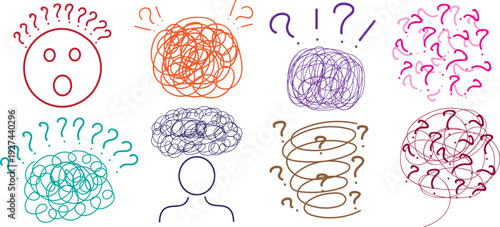 Confusion and question concept hand drawn doodle collection vector set, tangled scribble thoughts and interrogation symbols isolated design