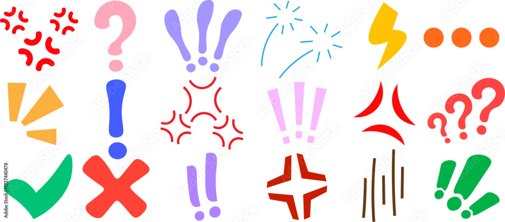 Fototapeta premium Flat colorful punctuation symbols set with question marks and exclamation icons