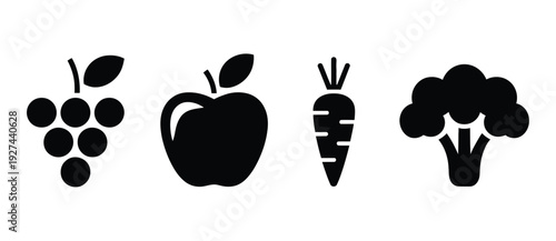 Vector illustration of various fruits and vegetables in black silhouette style, isolated on white background for healthy food and grocery design concepts.