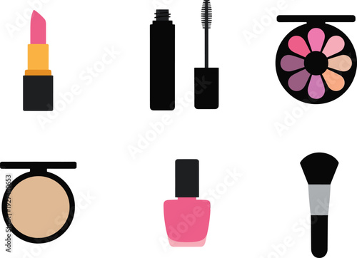 Makeup cosmetics collection with lipstick mascara eyeshadow palette powder compact nail polish and brush, beauty fashion vector illustration isolated background