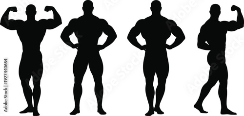 Male bodybuilder silhouette poses set showing muscular fitness bodybuilding stances black flat vector illustration for gym training sport design
