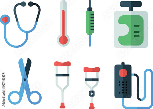 Medical equipment illustration set featuring stethoscope thermometer syringe sanitizer scissors crutches and blood pressure monitor isolated on white background flat vector style